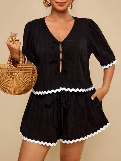 Travachic Plus Size Women's Plaid & Print Shorts Set, Front Tie Bow Blouse And Shorts Comfortable 2-Piece Outfit For Summer Vacation