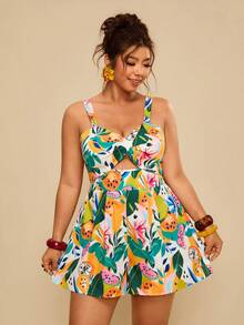 Travachic 大码夏季度假植物印花镂空连体裤 女士夏季服装 女士吊带裙 女士夏季连衣裙 印花吊带裙 女士热带风情连衣裙 - 彩色 - 查看 3