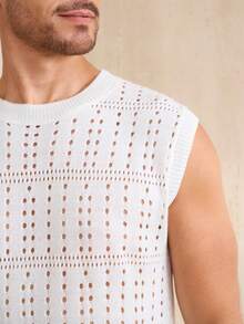 Manfinity RSRT Áo vest len dệt kim họa tiết chấm bi màu trơn, phong cách thường ngày, thích hợp cho nam giới mùa hè, đi nghỉ mát. - trắng - Xem 2