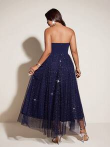 Viva Relle Vestido de fiesta de lujo estilo banquete de color azul marino con estampado de cielo estrellado para mujer talla grande, con botones de strass, cintura alta y falda plisada de malla. Adecuado para fiestas de noche, alfombra roja, San Valentín, invitados de boda, vestimenta formal, moda elegante de señora. - Azul Marino - Ver 2
