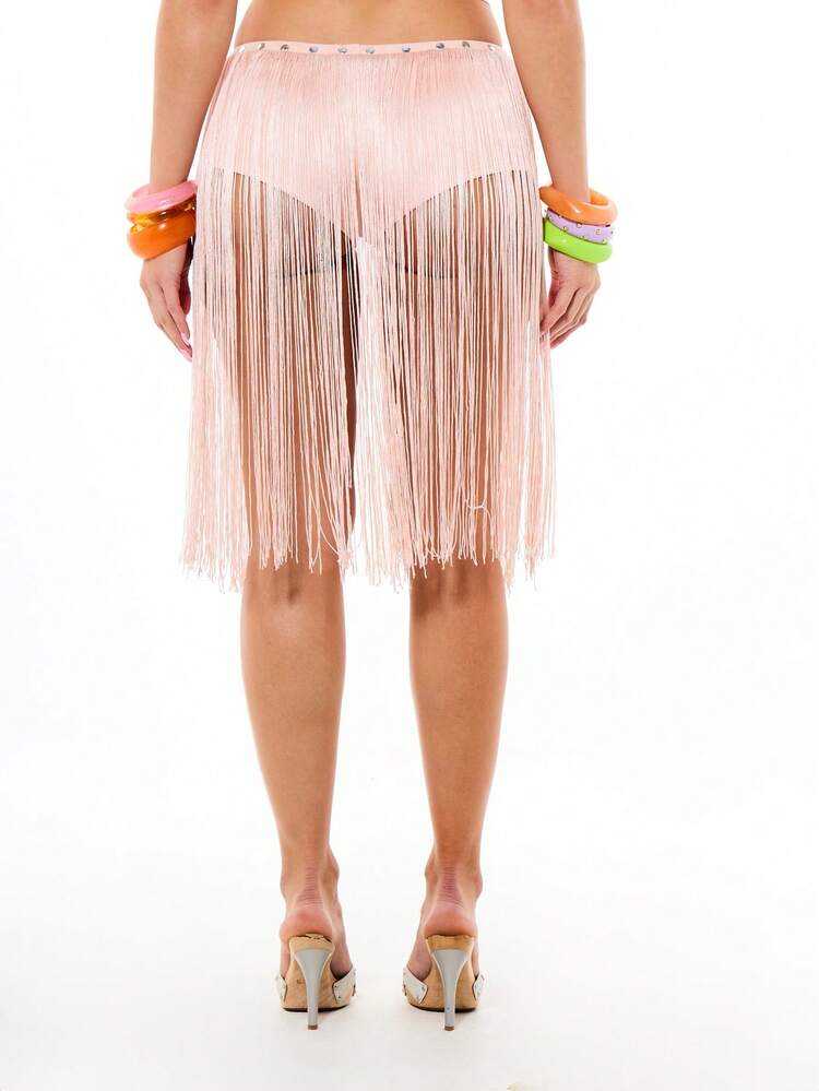 SUMWON WOMEN Women's Suede Fringe Studded Low Rise Hot Pants Festival Concert Party Booty Shorts