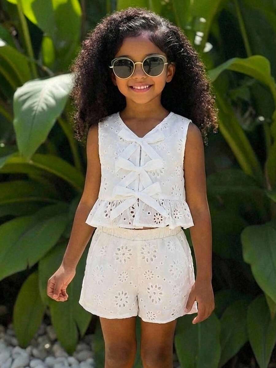 Young Girls' Embroidered Fabric Camisole Top + Loose Shorts 2-Piece Set, Casual Cute Fashion Versatile For Outings, Sisters Photos, Park, Camping, Daily, Party, Vacation,Kids - White - View 1