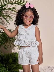 Young Girls' Embroidered Fabric Camisole Top + Loose Shorts 2-Piece Set, Casual Cute Fashion Versatile For Outings, Sisters Photos, Park, Camping, Daily, Party, Vacation,Kids - White - View 4