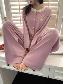 DAZY 2pcs Women's Contrast Trim Floral Print Cardigan & Elastic Waist Loose Pants Pajama Set, Spring - Pink - View 4