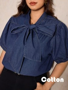 Elaquor 大码女式短袖前系结牛仔衬衫 - 深色水洗藍 - 查看 2
