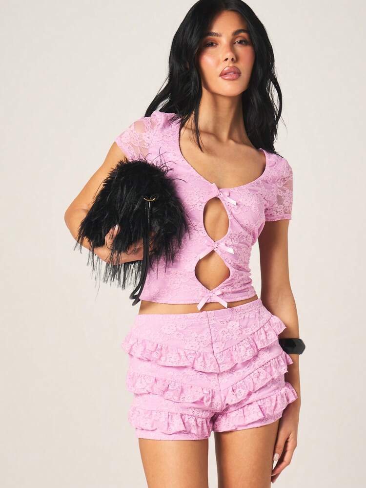 MISSGUIDED Women's Hot Pink Lace Ruffle Shorts With Bow Detail Mini Length High Waisted Tiered Flirty Summer Fashion Hot Pants