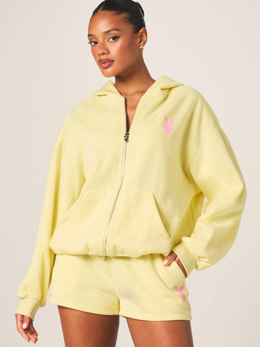 Missguided x Playboy Felpa con cappuccio oversize con chiusura lampo completa, logo a coniglio e tasca centrale per comfort casual quotidiano - Giallo - Visualizzare 1
