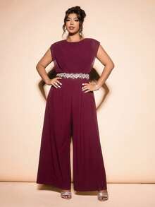 Allurite Plus Size Women Elegant Burgundy Summer Wedding Guest Outfits,Sleeveless Chiffon Patchwork Lace Trim Jumpsuit,Formal Graduation Outfit For Mother - Burgundy - View 4