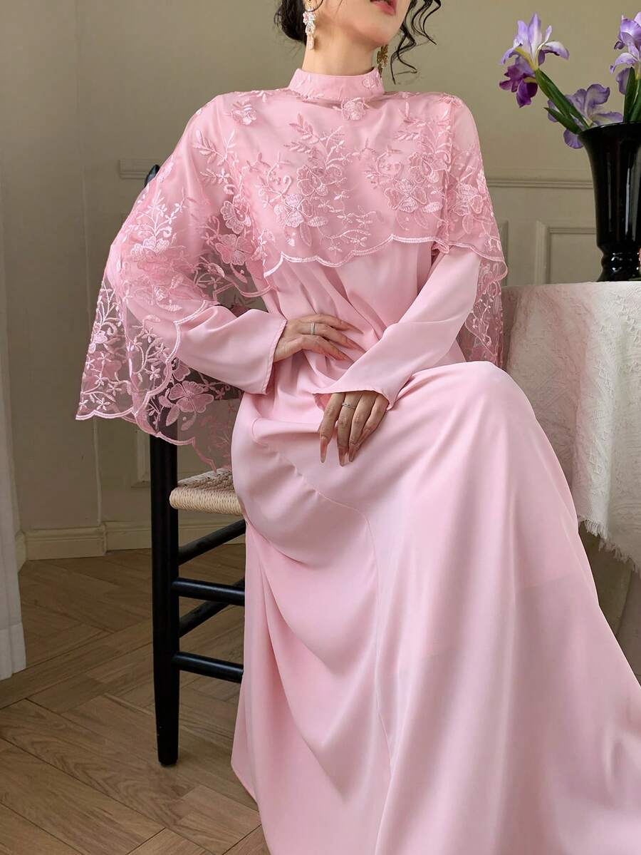 DAZY 女士优雅直筒连衣裙及蕾丝罩衫两件套，夏季 - 粉色 - 查看 1