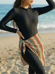 Swim Mulvari Conjunto burkini de top de manga larga con cremallera y pantalones largos de unicolor con falda, adecuado para vacaciones en la playa - Negro - Ver 1