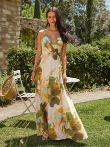 KARISMINA 植物印花裹身开衩露背连衣裙，休闲度假风 - 杏色 - 查看 3