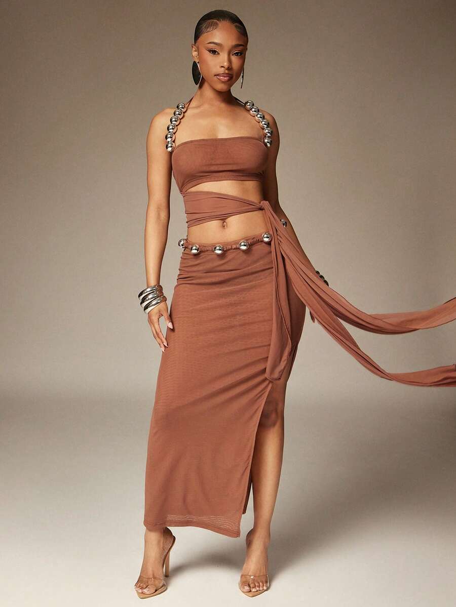 Denimoi 串珠高开衩网纱裙 性感半身裙 度假装 透视长裙 - 棕色 - 查看 1