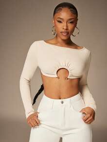 Denimoi Backless Crop Top With Hardware Detail Sexy Tops Vacation Tops GNO - Beige - View 1