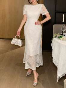 DAZY Đầm ren cổ tròn tay ngắn dáng đuôi cá ôm sát thanh lịch dành cho nữ - trắng - Xem 4