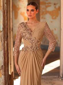 Aureia Elegante y lujosa aplicación bordada de encaje con cuentas, adecuada para bodas, fiestas, vacaciones, bailes, novias, madres de la novia, vestidos de noche - Champán - Ver 2