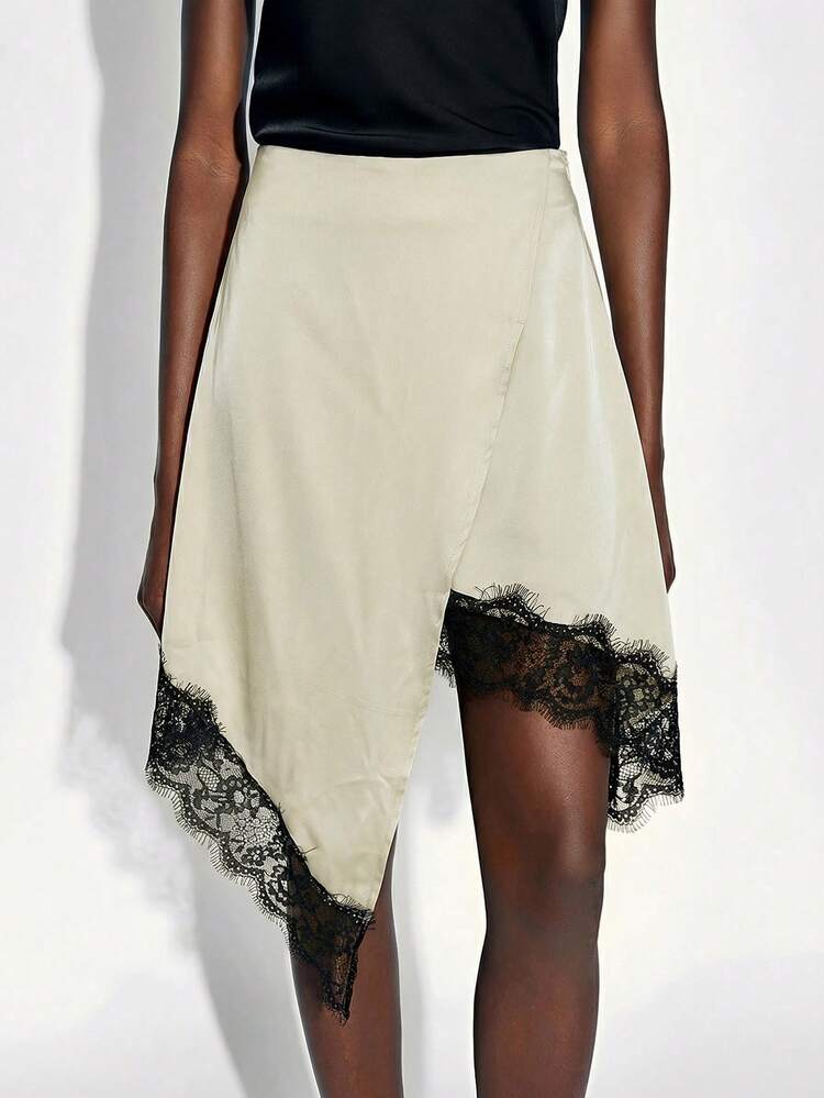 SHEIN Maija Women's Asymmetrical Contrast Lace Hem, Elegant Romantic Fitted Asymmetric Lace Hem High Slit Waist Elastic Waist A-Line Skirt, Spring/Summer St Patrick's Day Women Easter Summer Easter Women Party Top Beach Summer Holiday Each Vacation For Women Summer For Women Going Out Graduation Graduation Casual Casual Blouses For Women White Silk Dress High Low Dress Asymmetrical Dress Off White Dresses For Women