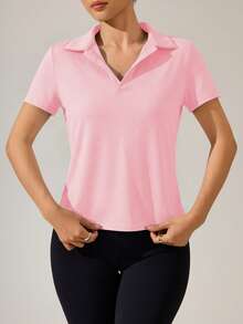 SHEIN Sports 1件纯白色V领网球/高尔夫女士运动Polo衫 - 粉色 - 查看 5