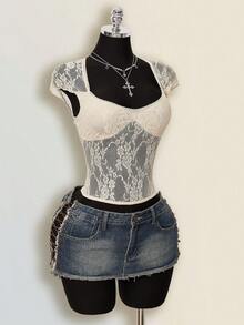 SHEIN ICON Camiseta de noche de cita sexy y versátil con parches de encaje para mujer - Beis - Ver 9