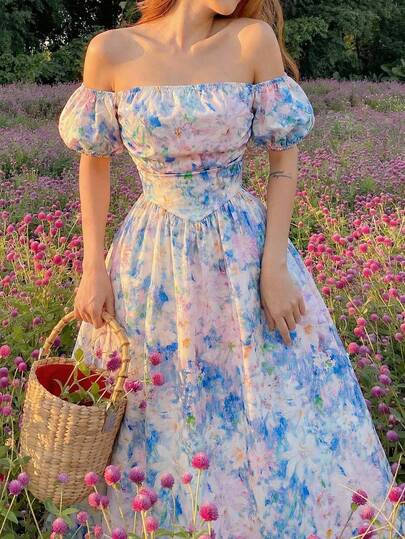 SHEIN MOD Plus Size Women's Off-Shoulder Puff Sleeve Floral Painting Midi Dress, Spring