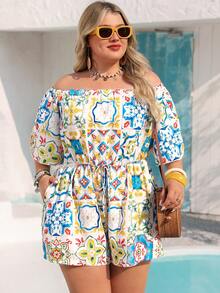 Vivid Eden 大码波西米亚风露肩宽松腰短款连体裤，适合休闲度假穿着 - 黃色 - 查看 6