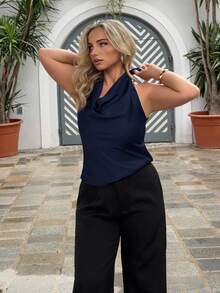 Jeta Ari 杏色垂墜領口綁帶簡約優雅女士背心 - 藏蓝色 - 查看 5