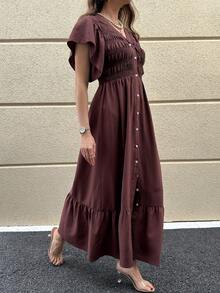 SHEIN Clasi Women's Dark Brown Button Front Long Dress, Summer Casual Solid Color Vacation Outfit, Holiday Garden Party, Outfits - Brown - View 4