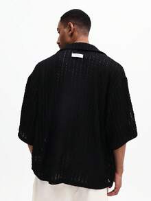 SUMWON Men's Black Textured Short Sleeve Button Down Shirt Open Front Lightweight Summer Casual Relaxed Fit Collared Top - Black - View 2