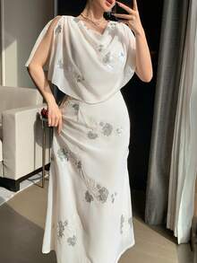 DAZY Women's Elegant Long Dress With Plunging Neckline And Textured Fabric - Apricot - View 5