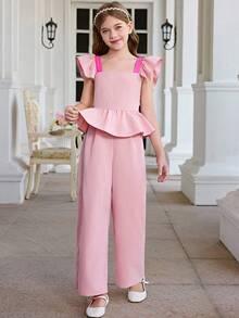 SHEIN 少女撞色蝴蝶结荷叶边阔腿连体裤 - 粉色 - 查看 11