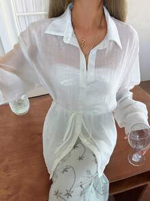 DAZY Women's Turndown Collar Long Sleeve Semi-Sheer Cinched Waist Loose Vacation Blouse - White - View 5