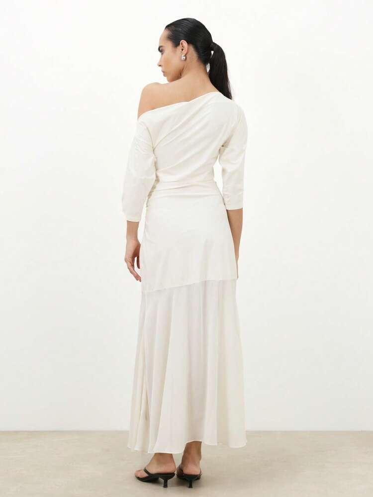 KSTM Asymmetrical Off Shoulder Maxi Dress With Ruched Bodice And Three Quarter Sleeves For Summer Wedding