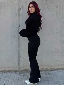 Bearsaez 女式休闲日常百搭紧身保暖高腰喇叭裤，松紧腰，黑色，冬季 - 黑色 - 查看 5