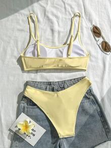 Costavie 纯色细肩带极简比基尼泳衣，适合海滩和夏季穿着 - 淡黃色 - 查看 6