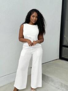 Alexandranx 2pcs/Set Women Solid Color Woven Fitted Tank Top & High Waist Loose Straight Pants Set Spring Outfits For Women Tropical Vacation Woman Clothes Linen - White - View 4