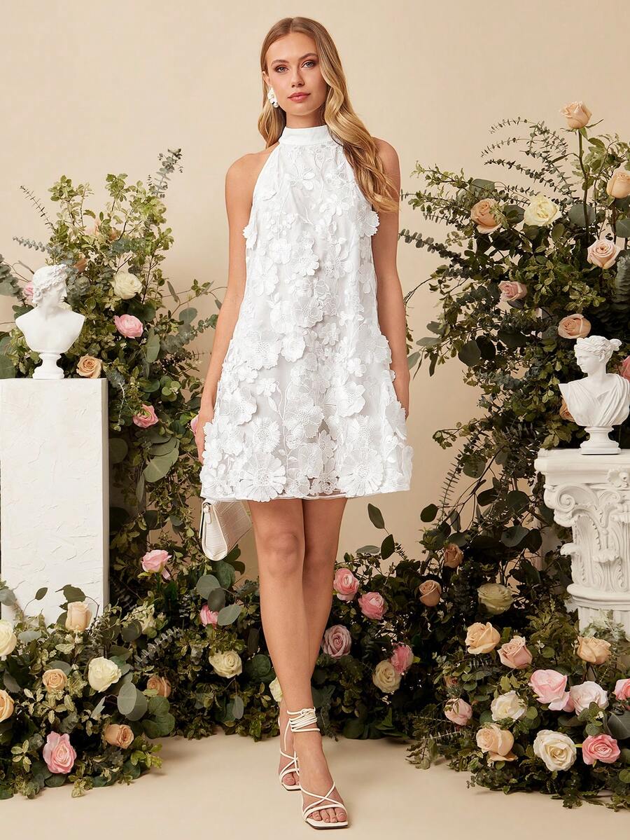 Amorya 女士圆领无袖宽松白色3D立体花卉刺绣面料优雅日常外出、社交、婚礼、伴娘礼服、宾客礼服、春夏迷你连衣裙 - 白色 - 查看 1