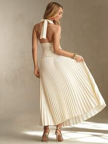 SHEIN Glamour Apricot Sleeveless Woven Button Back Camisole Top, Casual Mid-Length Pleated Skirt Minimalist Women's Suit Set - Apricot - View 2