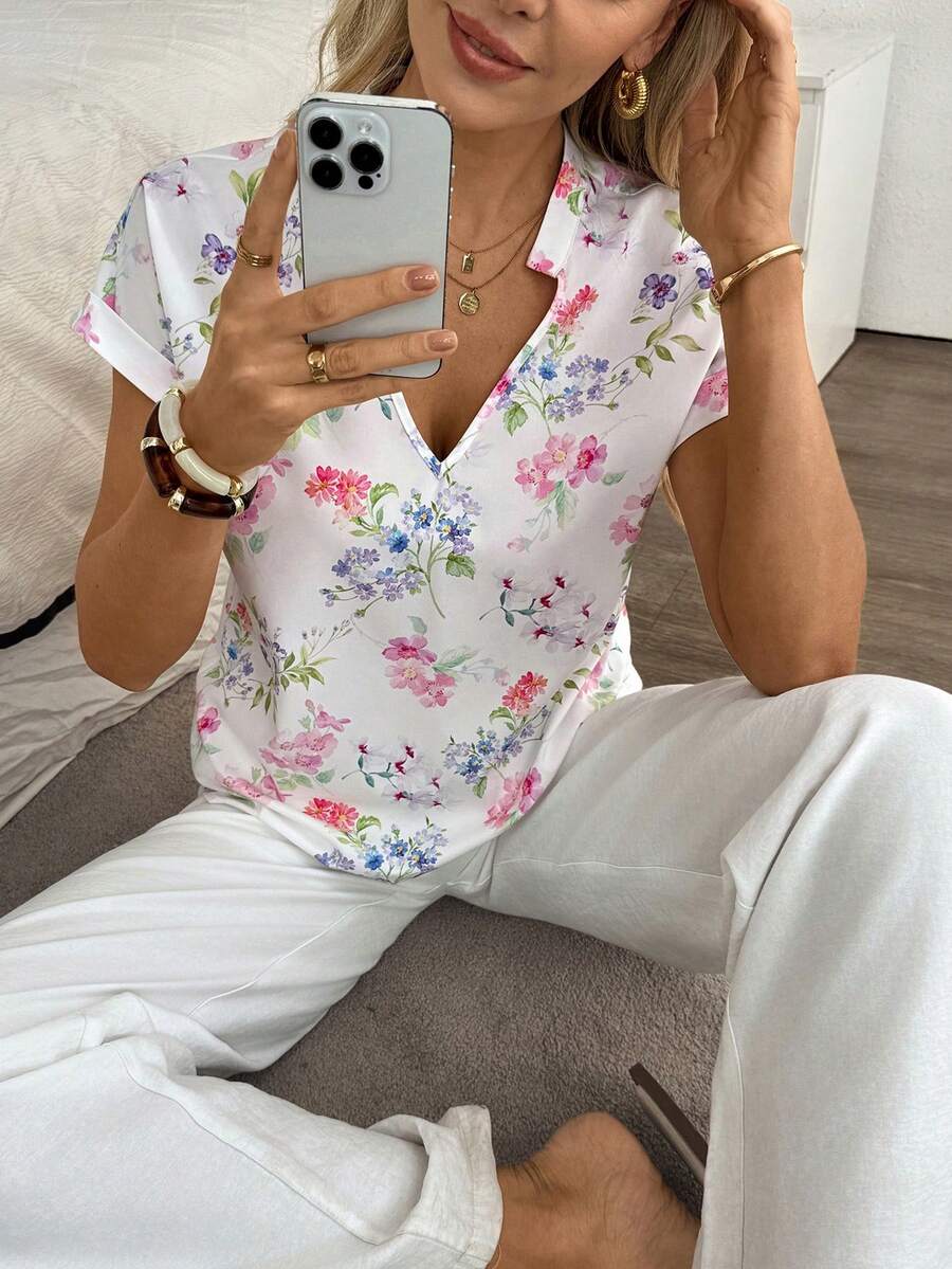 Louniche Standard Size Women V-Neck Vacation Floral Print Shirt - White - View 1