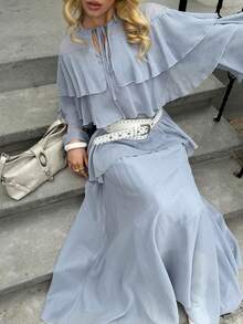 Livesso 女士休闲宽松荷叶边上衣和半裙两件套，适合夏季、春季、度假、婚礼、毕业典礼、复活节等场合。 - 霧霾藍 - 查看 6