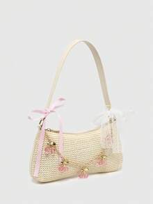 ROMWE Kawaii Túi đeo vai/đeo chéo kiểu dáng cổ điển dành cho nữ, trang trí nơ và dây xích đính ngọc trai giả, túi vintage. - Màu trắng nhạt - Xem 2