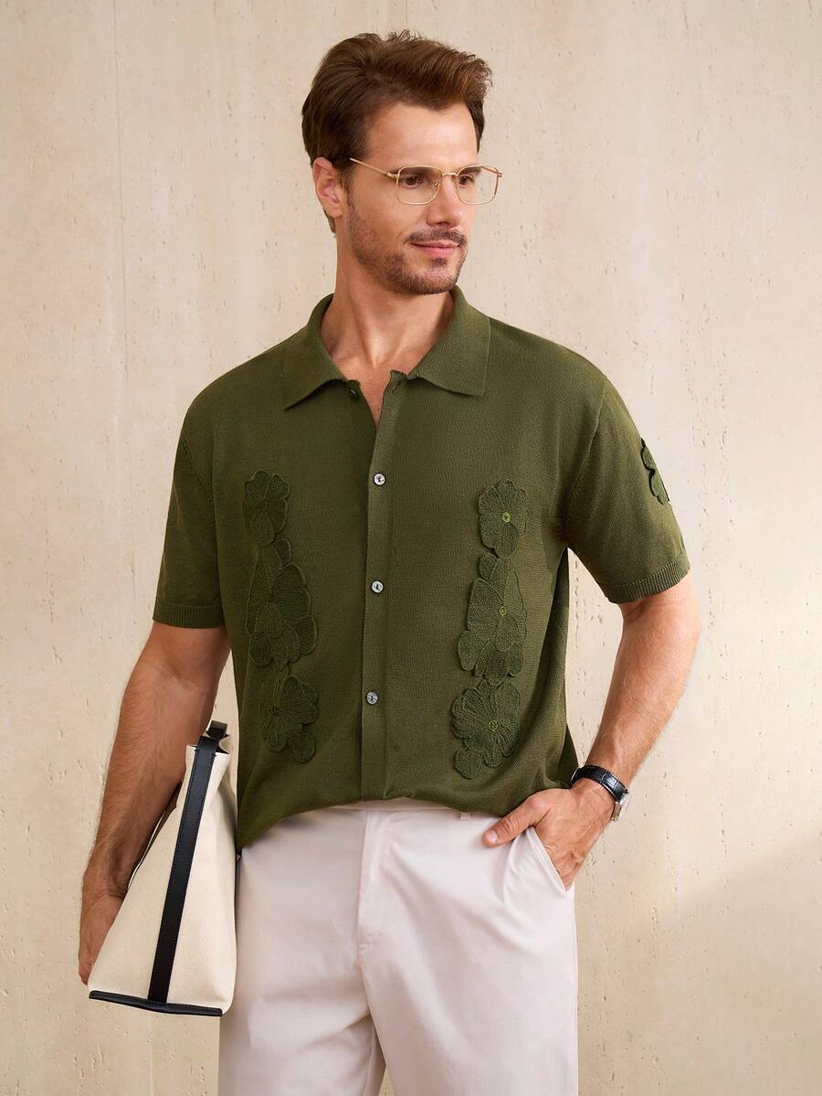 Manfinity CityGents Men's Casual Button-Up Short Sleeve Knit Top - Army Green - View 1