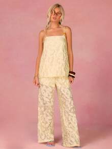 Athîral 女士夏季休闲度假提花花朵贴花吊带背心和阔腿裤两件套 - 黃色 - 查看 1