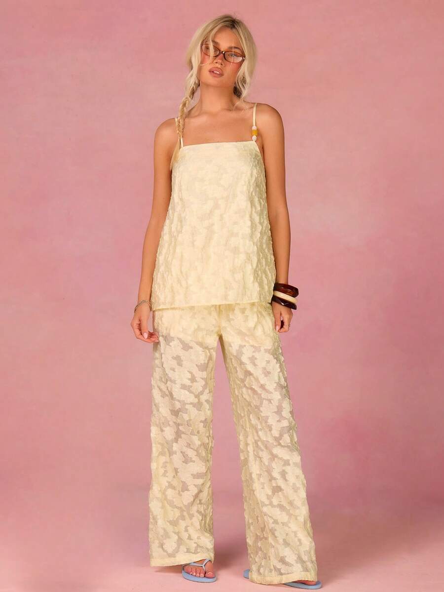 Athîral 女士夏季休闲度假提花花朵贴花吊带背心和阔腿裤两件套 - 黃色 - 查看 1