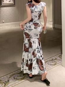 DAZY Áo ngủ nữ cổ tròn, viền bèo nhún, ôm sát, thanh lịch, không tay, in họa tiết toàn thân. - Xám - Xem 2