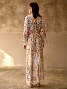 MOTF PREMIUM Đầm maxi/áo khoác ngoài đi biển thanh lịch, cổ chữ V, tay áo loe rộng, chất liệu chiffon hơi xuyên thấu dành cho nữ. - Nhiều màu - Xem 3