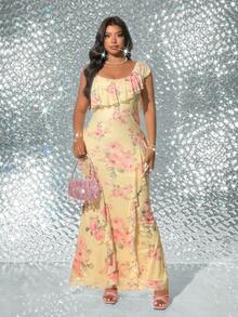 Viva Relle 大码女装春夏新款浪漫甜美风浅黄色碎花弹力网纱连衣裙，荷叶边吊带鱼尾长裙。适合春日约会、花园派对、情人节氛围、旅行、都市漫步、优雅音乐节、温柔嘉年华等场合，吸睛单品：清新甜美风，简约大码女装 - 彩色 - 查看 6