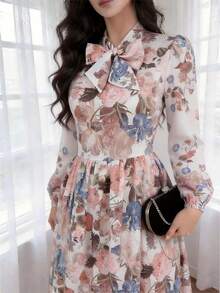 Modelyn Đầm nữ in hoa, xếp ly, thắt eo, cổ buộc dây, thanh lịch cho các buổi hẹn hò và tiệc tùng. - Hồng - Xem 1