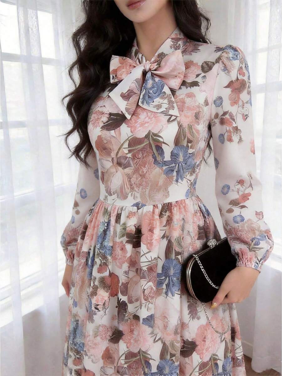 Modelyn Đầm nữ in hoa, xếp ly, thắt eo, cổ buộc dây, thanh lịch cho các buổi hẹn hò và tiệc tùng. - Hồng - Xem 1