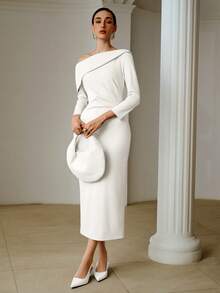 ZEYLAH Elegant Waist-Cinched Asymmetrical Shoulder 3/4 Sleeve Dress, Spring/Summer - White - View 6