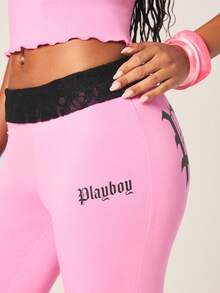 Missguided x Playboy Bộ đồ hai mảnh phối ren có logo gồm áo hai dây và quần legging ống loe, thích hợp cho trang phục thường ngày. - Màu Hồng Tươi - Xem 6