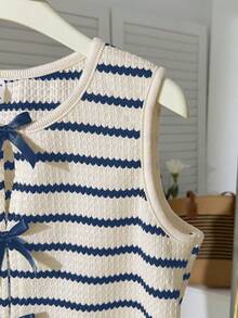 Áo tank top cổ tròn dáng casual tối giản thoải mái cho bé gái tuổi teen, kẻ sọc, trang trí nơ. - Xanh và trắng - Xem 4